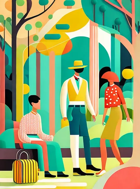 Vector illustration of young, fashionable men and women picnicking in the park, with flowing lines and warm colors set against a white background. The scene captures the essence of a modern, stylish park environment, where young people gather to relax and ...