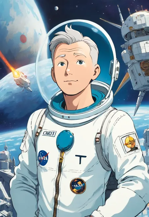 Tintin, 50 years old male wearing white astronaut suits , slick and neat short gray hair, hand on hips pose, in a NASA space lauch base, european comics