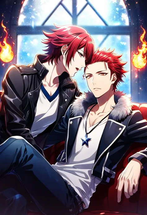 (absurdres, highres, ultra detailed, HDR) master piece, best quality, delicated features, Suoh Mikoto, red hair, hair is kept short, ruffled, slicked back and spiked, with two strands of hair near the opposite sides of his head falling over his face, expre...