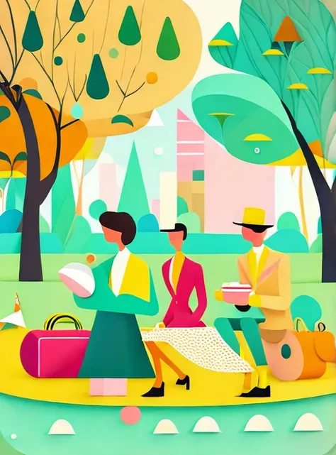 Vector illustration of young, fashionable men and women picnicking in the park, with flowing lines and warm colors set against a white background. The scene captures the essence of a modern, stylish park environment, where young people gather to relax and ...