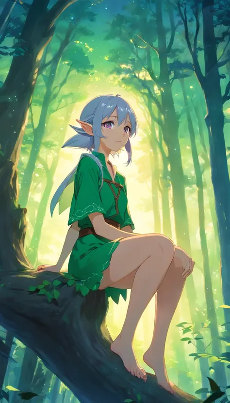 A young elf woman, with silver hair and bright purple eyes, is sitting on a tree, surrounded by a dense and lush forest. The night is bluish and clear, with the full moon shining brightly in the sky. Deers dance around your head, creating a magical and dec...