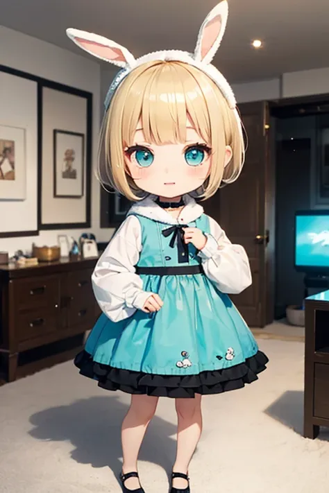 Chibi、Blonde Hair、Short Mash Hair、Turquoise Eyeasterpiece, highest quality, Delicate painting touch, Cinema Lighting, Chibi Character, Beautiful expression, Beautiful face modeling, Woman in rabbit costume, A room filled with cute accessories