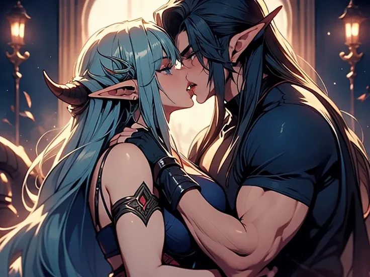 (female elf and male elf) (male elf with big muscles and long dark blue hair) a tall long haired male elf with dark blue long hair and big muscles and demon horns kisses a female blonde elf, tongue kiss, lovers, intense kiss 