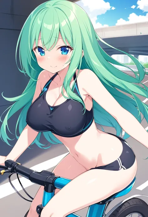 tsukishiroyoko, Green hair, long hair, Blue eyes.,, large breasts,  solo ,16years old, , nsfw. Riding a bike, Expressway