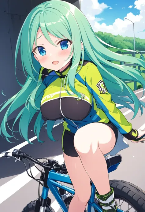 tsukishiroyoko, Green hair, long hair, Blue eyes.,, large breasts,  solo ,16years old, , nsfw. Ride an off-road bike, Expressway