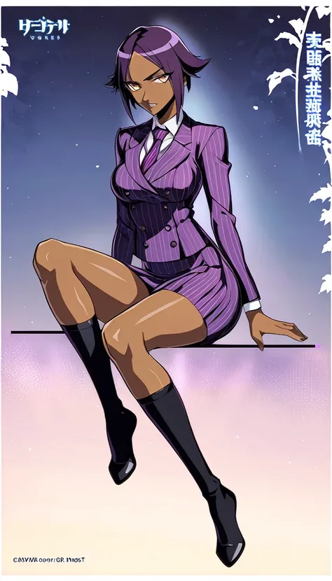  Full body Yoruichi as a thin Black business woman in a double breasted pinstripe purple  skirt suit while wearing a tie with a very long purple pinstripe skirt that covers the legs and with long black knee socks full art and make her sit down also give he...