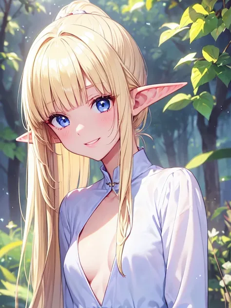 Very close、((Focus on the upper body))、16k、masterpiece、High resolution、High resolution、((1 young elven female))、((Beautiful white skin))、((Beautiful blonde))、((Small breasts))、ponytail、((Beautiful Blue Eyes))、((Pointy Ears))、Smiling Kindly、Grin、blush、Pink ...