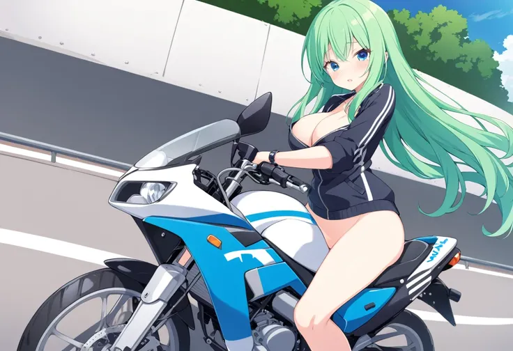 tsukishiroyoko, Green hair, long hair, Blue eyes.,, large breasts,  solo ,16years old, , nsfw. Ride an off-road bike, Expressway