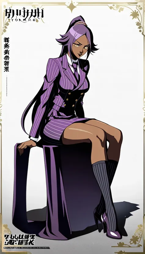 full body yoruichi as a thin black business woman in a double breasted pinstripe purple  skirt suit while wearing a tie with a v...