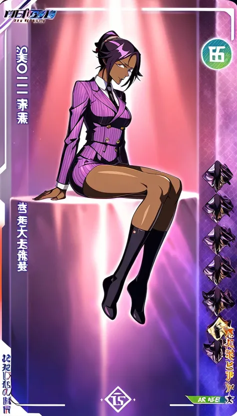  Full body Yoruichi as a thin Black business woman in a double breasted pinstripe purple  skirt suit while wearing a tie with a very long purple pinstripe skirt that covers the legs and with long black knee socks full art and make her sit down also give he...