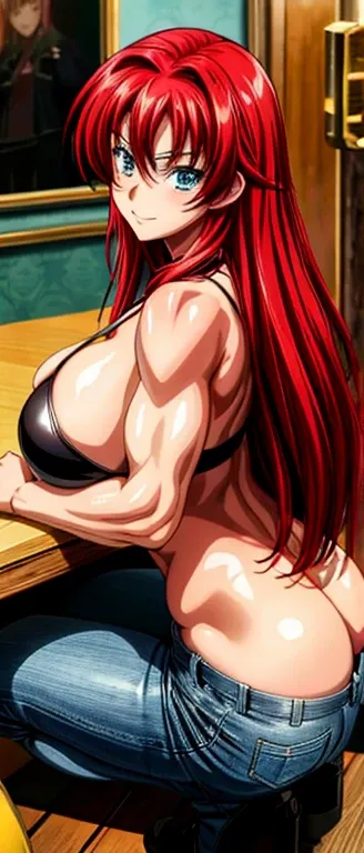 a beautiful detailed anime-style 1girl with evis smile, portrait, full body, masterpiece, 4k, ultra detailed, anime, illustration, looking back, squatting on the table, medium length hair, cleavage, wide hips, milf, mature 35 years old, curvy, muscular, hu...