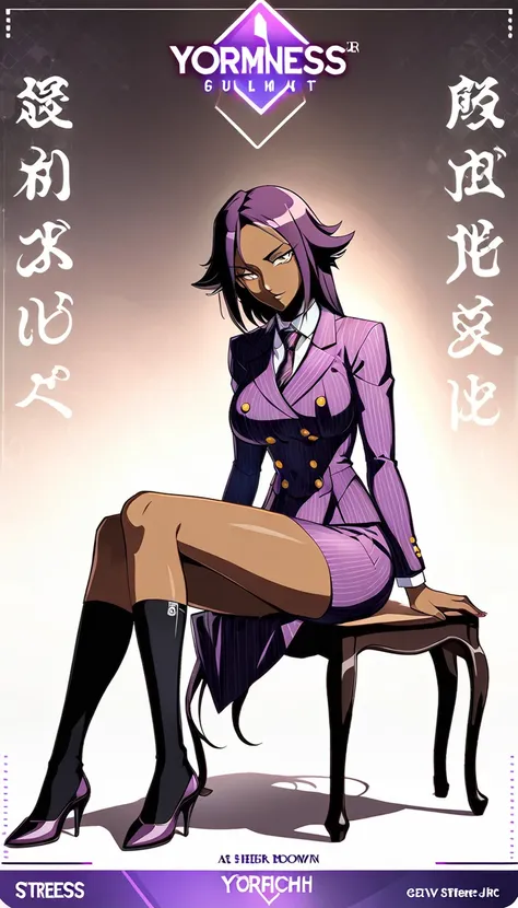 full body yoruichi as a thin black business woman in a double breasted pinstripe purple  skirt suit while wearing a tie with a v...