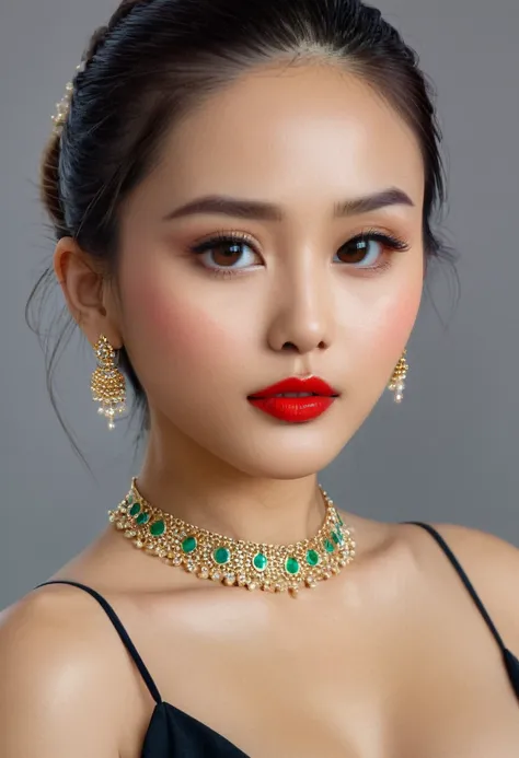 (Raw Photo:1.2), (Real Photo:1.4), beautiful girl with details, very detailed 8 k, beautiful and good eyes, prominent nose, slender face.  Cute jewelry, necklace, hoop earrings  Hair and makeup done by a professional artist, red lips applied.   Movie light...