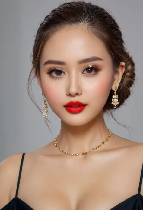 (raw photos:1.2), (Real picture:1.4), Beautiful girl with details, Very detailed 8k, beautiful and good eyes, High nose, Slender face.  cute jewelry, necklace, Hoop earrings, hair and makeup done by professional artists., red lips.   movie light，trendy，  I...