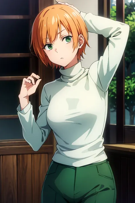 anime, detailed,short orange hair, green eyes, dark green pants, white turtleneck blouse, his green gakuran jacket