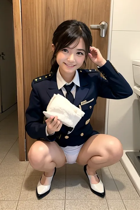 Reality、photo shoot、
Background toilet、Looks like Takako Zenba、
Hairstyle up、smile、Looking up、
Age 25、policewoman、squat、
Wide-legged pose、White panties facing front、Urinating、Onani、
