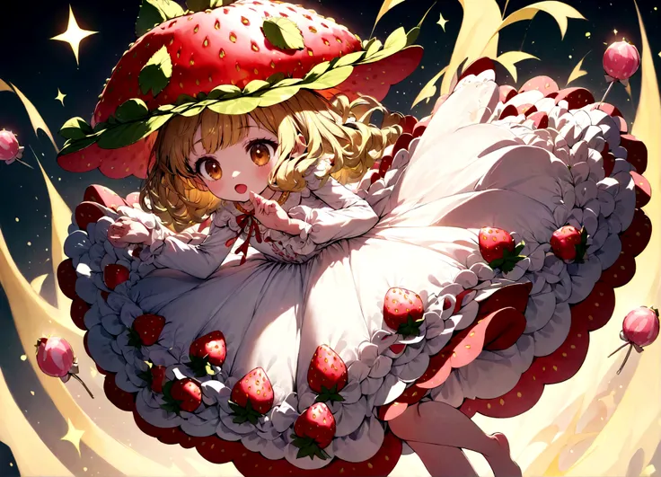 Candy wears a big strawberry hat with a red ribbon, Long sleeve white gown, And bare feet. Her yellow bangs peek out from under her strawberry hat、Each eye has three eyelashes。. Shine; Sparkling