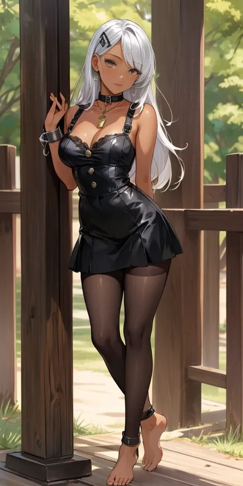 (Masterpiece, best quality, intricate details, 1sologirl) iron collar, arms behind back, iron cuffs, shackles, leather collar choker neck bell, bound ((standing by wooden pole:1.2)) ((female Black Dark skin Gyaru)) show entire body frontal position, feet i...