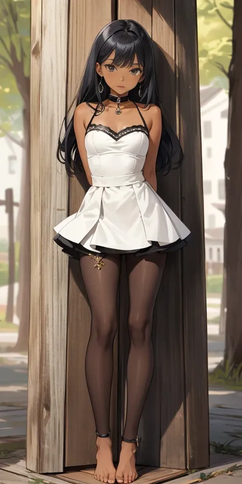 (Masterpiece, best quality, intricate details, 1sologirl) iron collar, arms behind back, iron cuffs, shackles, leather collar choker neck bell, bound ((standing by wooden pole:1.2)) ((female Black Dark skin Gyaru)) show entire body frontal position, feet i...