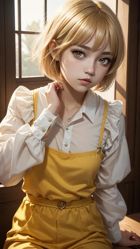 high detail, clarity, 8 kkk, young girl, 18 years old, light hair, short hair, yellow eyes, blazing, Realism, fantasy,