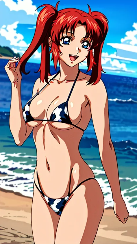 (masterpiece, 4K, highest quality, anime style: 1.9, Detailed face, Lovely, Ocean,Bold Line, High resolution, anime, Lake 4. alone, Curvaceous, smile, Please open your mouth wide, Very slim belly, Cowboy Shot, Cow print bikini,1 girl,Redhead,Twin tails,blu...