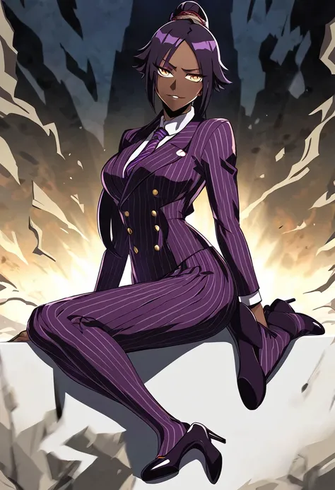 full body yoruichi as a thin black business woman in a double breasted pinstripe purple  skirt suit while wearing a tie with a v...