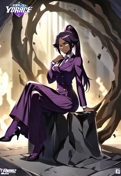  Full body Yoruichi as a thin Black business woman in a double breasted pinstripe purple  skirt suit while wearing a tie with a very long purple pinstripe skirt and with purple knee sock’s wearing purple heels while sitting full art anime 