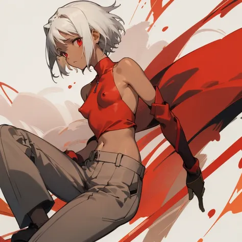 ((highest quality)), ((masterpiece)), (Familiar), Canaan, 1 girl, alone, Silver Hair,Brown Skin,Red eyes,Long trousers,Red sleeveless,Clothes with a visible back, thin,short hair,Small breasts, Erect nipples, gloves