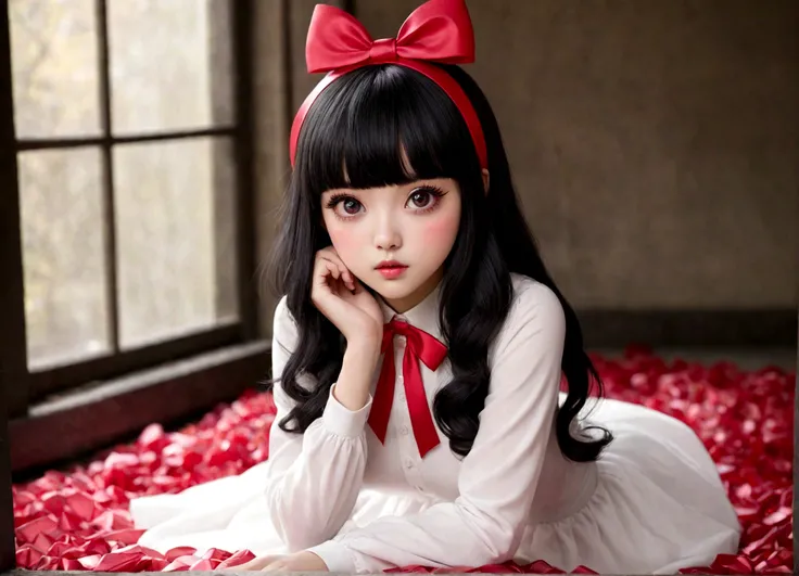 The pink cute candy is worn as a hat with a red ribbon, Long sleeve white dress, And heeled shoes. Her black bangs peeked out from under her hat、Each eye has three eyelashes。. Shine; Sparkling