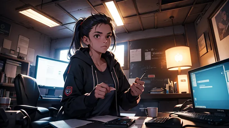 Uma garota de 16 anos, hacker and rebel technology expert who fights against oppressive systems and for freedom of information. She is in her cozy and relaxing room
