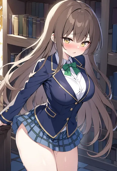 yellow eyes, brown hair, long hair,,　breasts, solo,, nsfw. Enchanted Libraries,　Blazer uniform