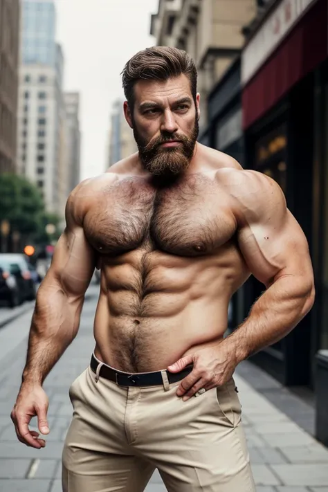 Mature man, very handsome, best quality, shirt formal beige trousers, hairy chest , masterpiece, super high resolution, detailed background, reality, , single, 1 boy, muscle man, beard, in the city, muscle, facial hair, volumetric lighting, depth of field,...