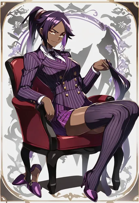 full body yoruichi as a thin black business woman in a double breasted pinstripe purple  skirt suit while wearing a tie with a p...