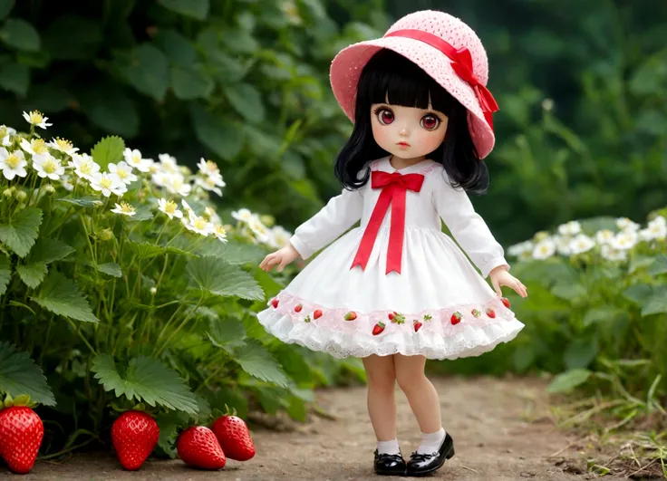 strawberry　pink　cute　girl　whole body　Wear it as a hat with a red ribbon, Long sleeve white dress, And heeled shoes. Her black bangs peeked out from under her hat、Each eye has three eyelashes。. Shine; Sparkling　strawberryの花