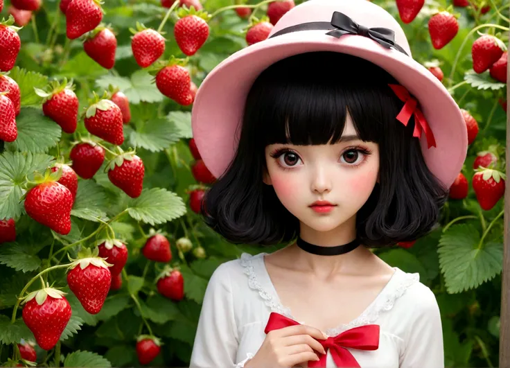 strawberry　pink　cute　girl　whole body　wear it as a hat with a red ribbon, long sleeve white dress, and heeled shoes. her black ba...