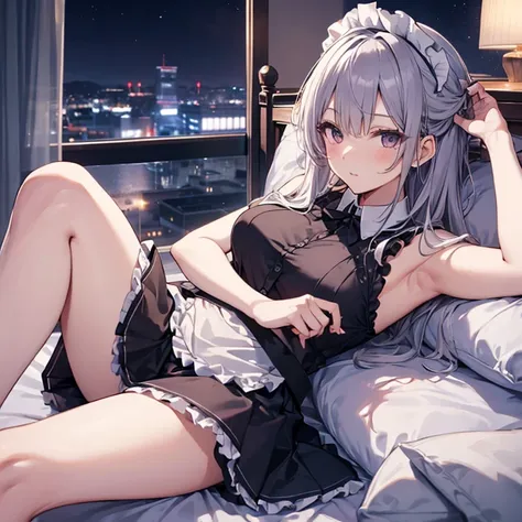 A maids, (in bedroom), various hair styles, night, details face, short skirt, seducing, sleeveless, maid uniform, armpits, lay on bed