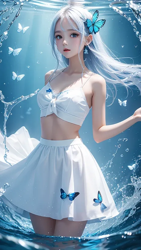 1 Girl, Transparent Water, Blue Butterfly, Pure White Gauze Skirt, Sparkling