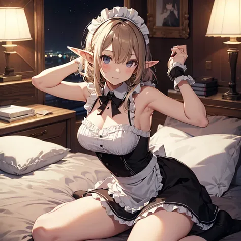 A maids, (in bedroom), various hair styles, night, details face, short skirt, seducing, sleeveless, maid uniform, armpits, elf, lay on bed