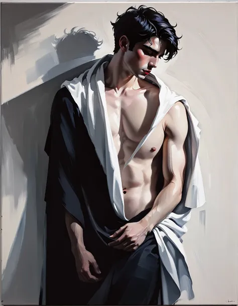 chiaroscuro technique on sensual illustration of an arafed man resting in white blanket, sexy masculine, model with attractive body, inspired by Ludovit Fulla, mid-shot of a hunky, the model draped in flowing, thick oil painting by Harumi Hironaka, extreme...