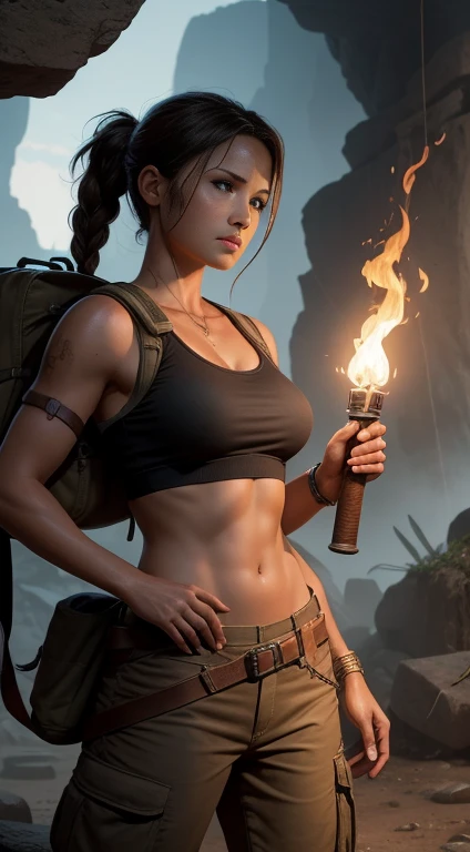 Deep within the heart of an ancient, uncharted cavern, illuminated only by the flickering glow of her torch, stands Lara Croft, the legendary Tomb Raider. Her determined hazel eyes scan the intricate patterns of age-old hieroglyphics, while her athletic fr...