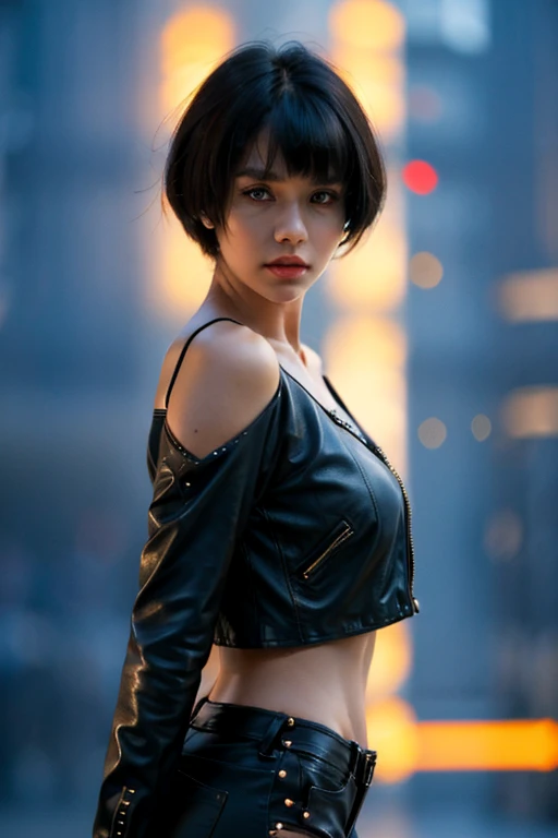 beautiful young female model, short hair with bangs tight dark top + shorts, highly detailed, best quality, full body portrait, intricate details, depth of field, larger breasts, sexy, permissive, 1 person, embellishments, light skin, glamor , cyberpunk, 8...