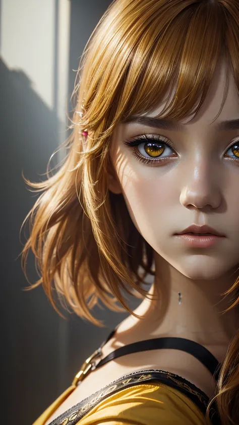 high detail, clarity, 8 kkk, young girl, 18 years old, light hair, short hair, yellow eyes, blazing, Realism, fantasy,