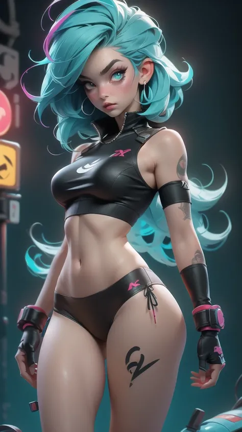 ((Best Quality)), ((Masterpiece)), ((Realistic)) and ultra-detailed photography of a 1 nerdy girl with goth and neon colors. She has ((turquoise hair)), wears a (tech-wear top) and a (black thong, red pattern:1.2) , ((beautiful and aesthetic)), sexy, under...