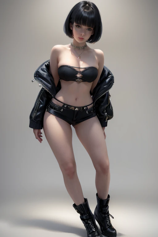 beautiful young female model, short hair with bangs tight dark top + shorts, highly detailed, best quality, full body portrait, intricate details, depth of field, larger breasts, sexy, permissive, 1 person, embellishments, light skin, glamor , cyberpunk, 8...