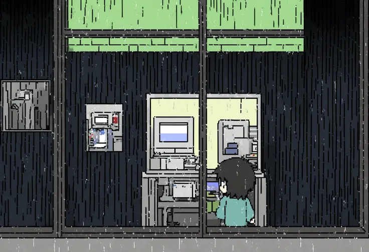 night、Male anime character using five Windows 98 computers in the dark,A man who looks distressed,It was raining outside the window,2D-style animations, Lo-Fi, Hard Drive, Dark Medium Anime Characters,