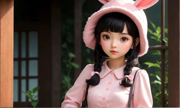 strawberry　pink　cute　girl　whole body　Wearing a rabbit hat, Long sleeve white dress, And heeled shoes. Her black bangs peeked out from under her hat、Each eye has three eyelashes。. Shine; Sparkling　strawberryの花　Going out　carrying a shoulder bag on one&#39;s ...