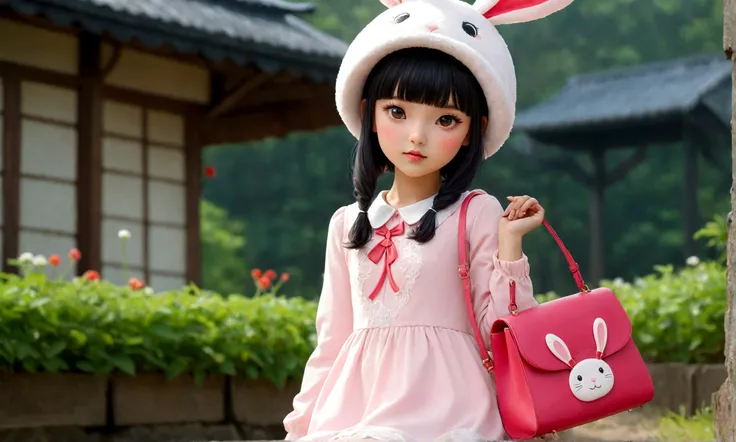 strawberry　pink　cute　girl　whole body　Wearing a rabbit hat, Long sleeve white dress, And heeled shoes. Her black bangs peeked out from under her hat、Each eye has three eyelashes。. Shine; Sparkling　strawberryの花　Going out　carrying a shoulder bag on one&#39;s ...