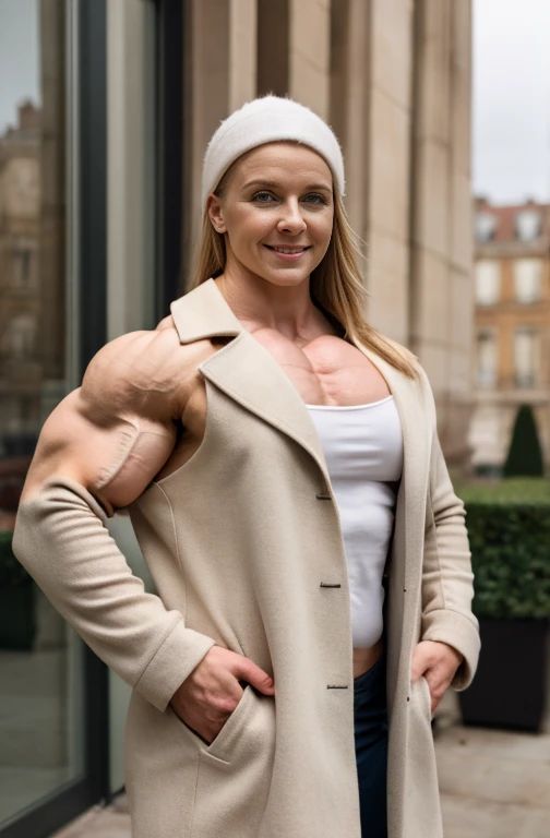 A heavily muscled iffb pro female bodybuilder 
 Looking at Viewer, cinematic lighting, Perfect fit, soft light, High resolution skin:1.2, realistic skin texture、stylish look, full body, 24 years old  Holly Holm 、blue eyes,  small face、seductive smile, no m...