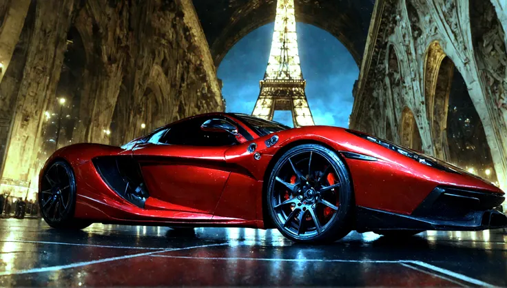 a sleek, aggressive red and black supercar, detailed engine, detailed interior, detailed exterior, detailed wheels, detailed headlights, detailed taillights, photorealistic, 8k, hyperrealistic, cinematic lighting, dramatic angle, eiffel tower in the backgr...