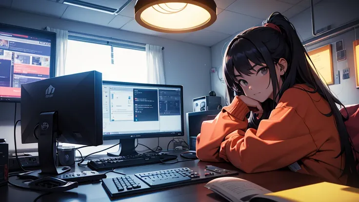 Uma chinesa de 16 anos, hacker especialista em tecnologia. She is in her cozy and relaxing room
